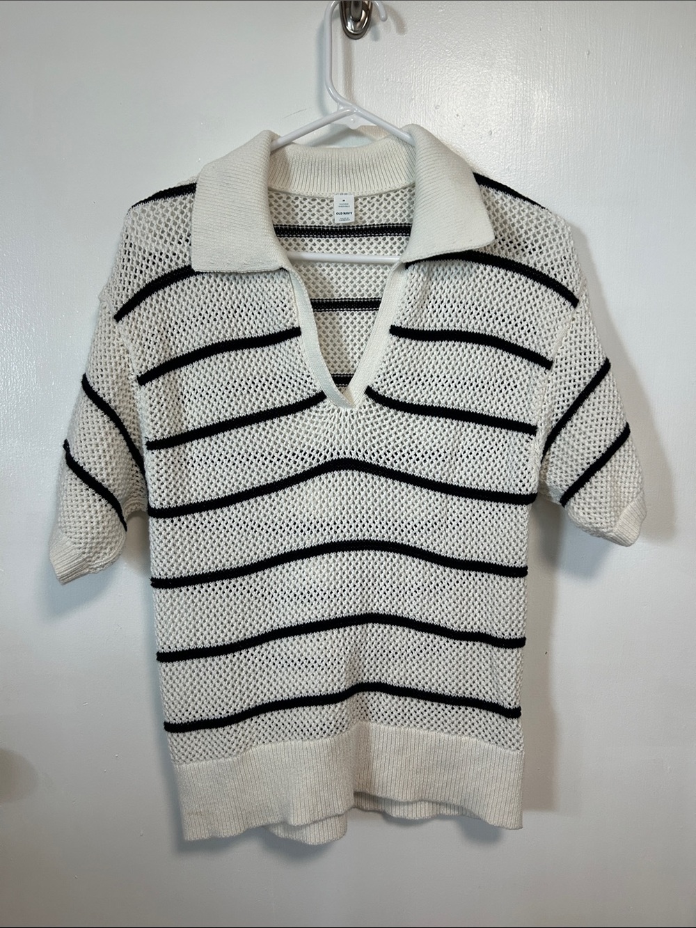 Old Navy Casual Striped Open-Knit Polo Sweater - Cream/Black